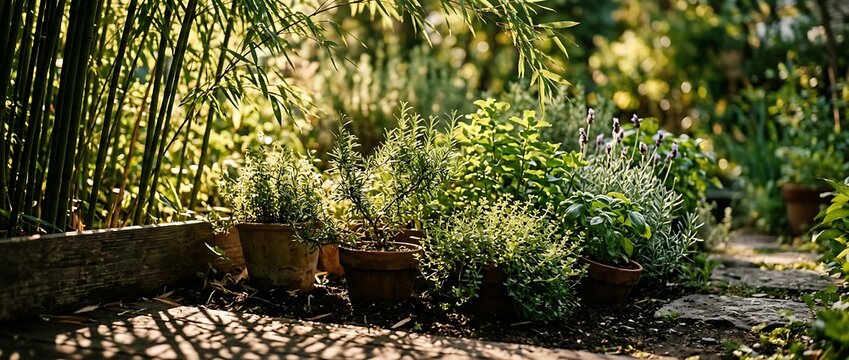 Lush home herb garden with terracotta pots in warm golden hour sunlight