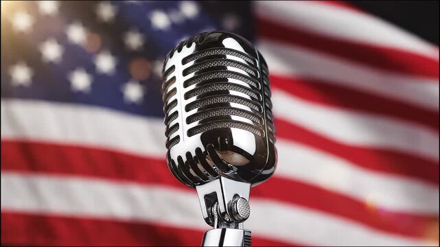Vintage microphone with American flag background for patriotic speech concept