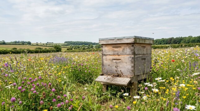 Wooden Beehive in Colorful Wildflower Meadow
