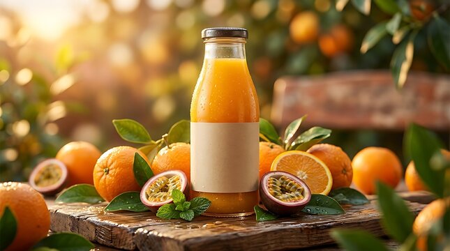 Fresh Orange and Passion Fruit Juice in Glass Bottle with Blank Label