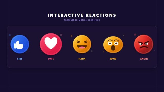 Interactive Social Media Reaction Icons Animation on Dark Background.