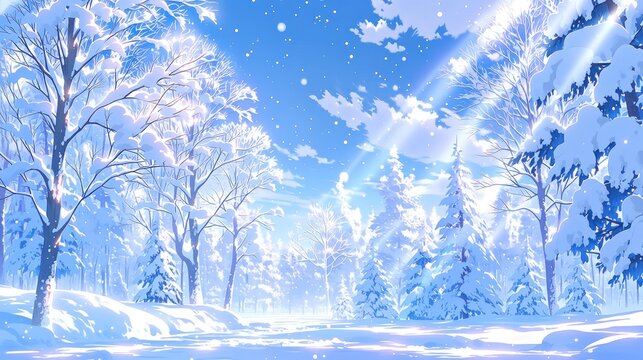 snowy forest landscape with bright sunlight