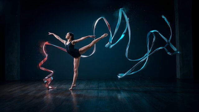 A dancer whose movements leave behind glowing trails that shape into elegant sculptures in space, frozen motion combined with fluid energy, ultra-detailed
