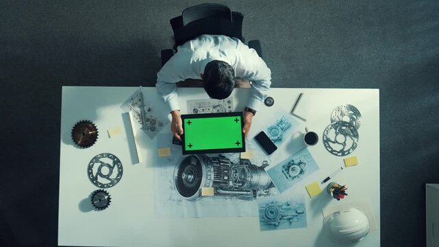 Top view of engineer looking at phone while working on tablet with green screen at meeting table with turbine engine or jet engine sketch design and various metal gear scatter around. Alimentation.