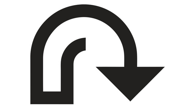 Black u-turn arrow directional sign with u turn direction navigation wayfinding instruction isolated illustration monochrome redirect movement transport interface