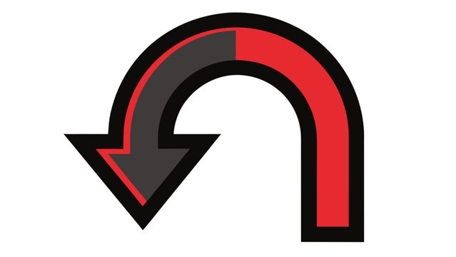 Red and black u-turn directional arrow graphic with u turn direction navigation wayfinding instruction movement redirect isolated illustration interface transport creative