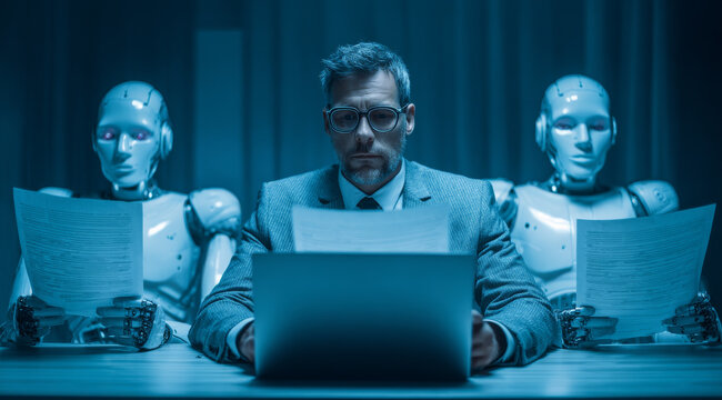 Man in suit sits at table with two humanoid robots holding documents, working together in futuristic office setting