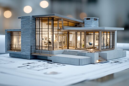 modern house architectural model on blueprint