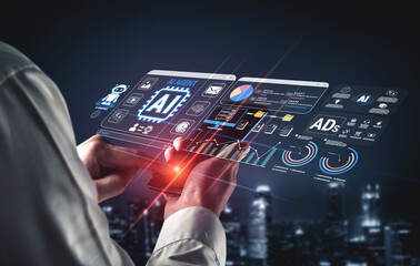 Hands holding smartphone with futuristic AI interface displaying various analytics, graphs, and data visualization in a night city setting Fluxor. © InfiniteFlow