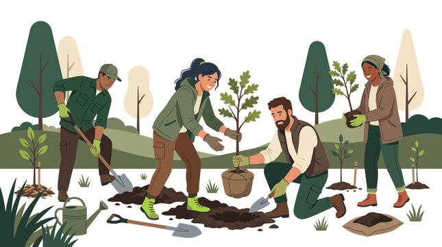 Diverse group of volunteers planting trees flat illustration