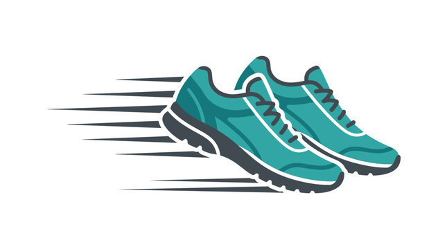 Teal athletic running shoes moving fast.