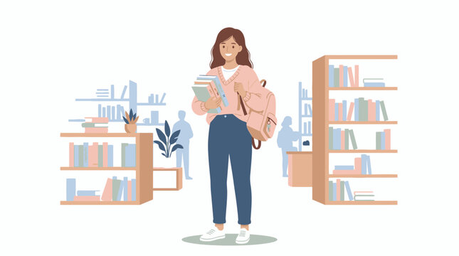 Woman standing with books in hand.