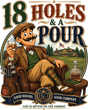 18 Holes and a Pour Golf Whiskey Design, Funny Golf Drinking, Golf Dad Gift, Golf Clubhouse Humor Graphic, Golfer Whiskey Lover