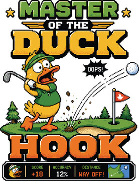 Master of the Duck Hook Golf Design, Funny Duck Golfer Graphic, Retro Pixel Art Golf Humor, Golf Gamer Gift, Duck Hook Golf Joke, Funny Golfer Artwork
