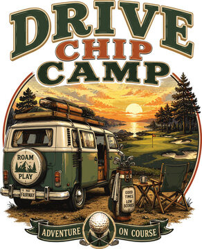Drive Chip Camp Golf Design, Golf Camping Adventure Graphic, Golf Road Trip Artwork, Camper Van Golf Gift, Golf Travel Lover Design, Outdoor Golfer Gift