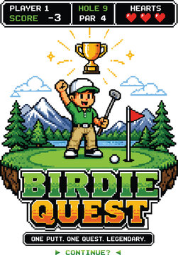 Birdie Quest Retro Golf Gamer Design, Pixel Art Golf Graphic, Video Game Golfer Gift, 8 Bit Golf Shirt Design, Birdie Hunter Golf Artwork