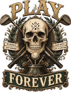 Play Forever Skull Golf Design, Gothic Golf Graphic, Vintage Golf Skeleton Artwork, Golf Lover Gift, Dark Golf Humor Design, Golfer Lifestyle Graphic