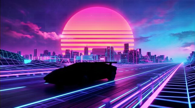 Retro futuristic synthwave sports car driving on a digital highway with neon city skyline.