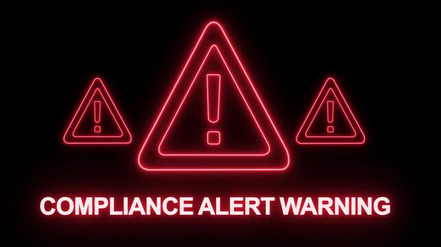 Glowing red neon compliance alert warning sign with triangular exclamation point for corporate safety, cybersecurity risk notification, industrial hazard protocol, and digital security system