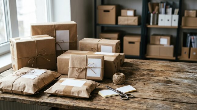 Brown Paper Parcels with Labels on Rustic Wooden Table
