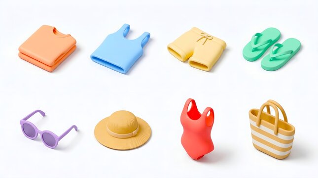 Set of 3D summer vacation beach essentials and clothing icons.