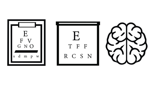 Minimalist black and white line art of a human brain and Snellen eye vision test charts for clinics.