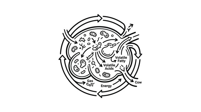 Rumen fermentation cycle diagram with CO2 and energy output.