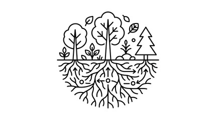 Obraz premium Minimalist circular icon of trees and underground root network.