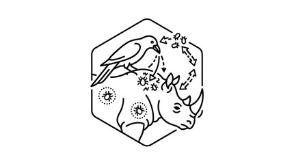 Stylized icon showing oxpecker bird on rhinoceros head. © abdull rozaq