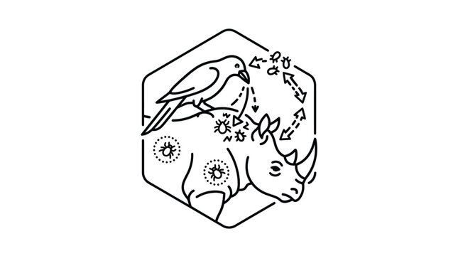 Stylized icon showing oxpecker bird on rhinoceros head.