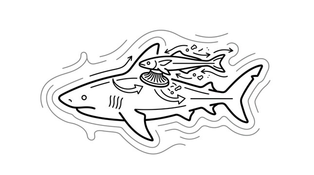 Stylized shark and remora symbiotic relationship line art.