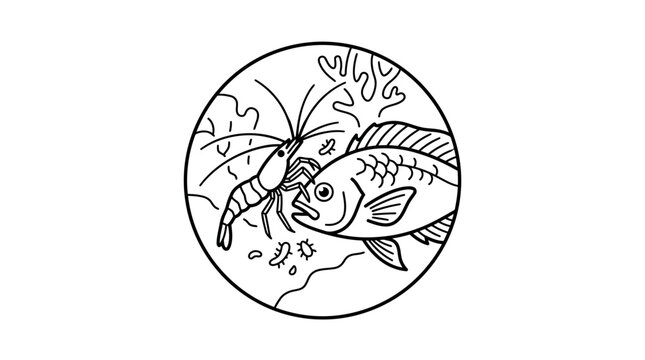 Line art illustration of shrimp cleaning fish in circle.