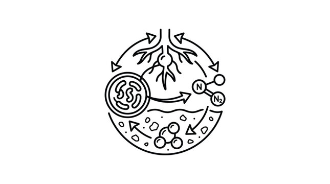 Circular biological nitrogen cycle and root system emblem diagram.