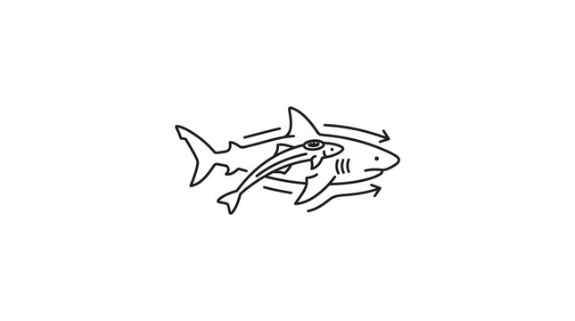 Shark and remora fish mutualism simple line art illustration