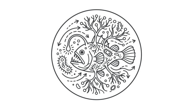 Deep sea ecosystem anglerfish and coral illustration