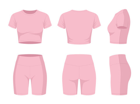 Vector realistic set of pink crop tops and biker shorts, female yoga fitness wear isolated on transparent background. Mockup for clothes design, front, rear and side view