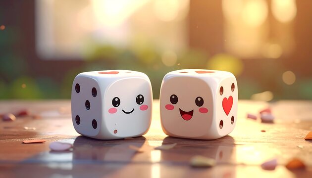 Adorable dice pair with expressive faces and hearts, sitting on a wooden surface with a soft glow