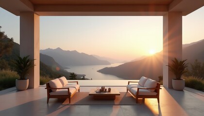 Fototapeta premium Modern minimalist terrace offers serene mountain lake view at sunset. Two white sofas and coffee table create relaxation space. Infinity pool blends with distant landscape. Natural outdoor seating.