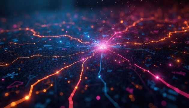 Abstract digital network with glowing lines and math symbols. Connected nodes pulse with bright light creating complex data patterns. Futuristic information flow.
