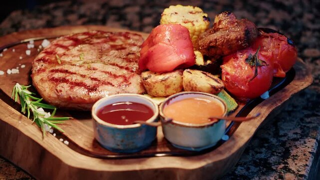 Close up of a grilled steak served on a wooden board with vegetables and sauces arranged neatly