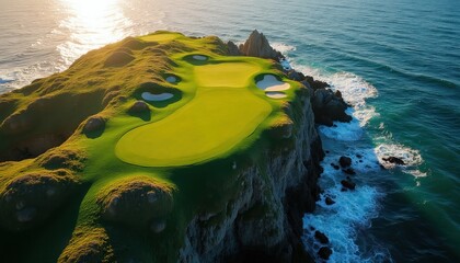 Obraz premium Dramatic golf course perched on coastal cliff edge overlooking ocean waves. Rich green fairways meet rocky shores and turquoise sea under bright sunlight. This scenic landscape offers a stunning view.