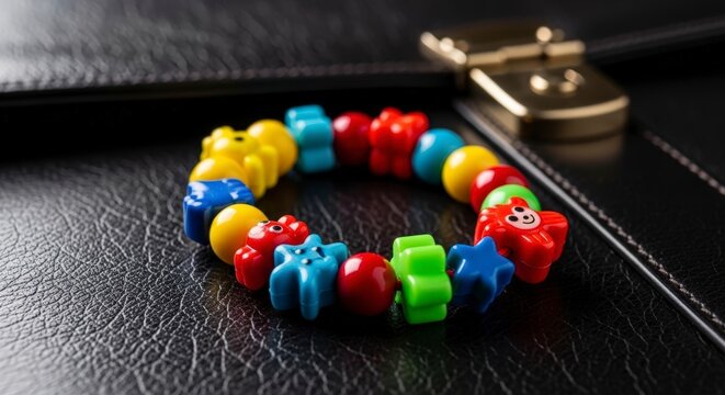 Colorful Beaded Bracelet on Black Leather.