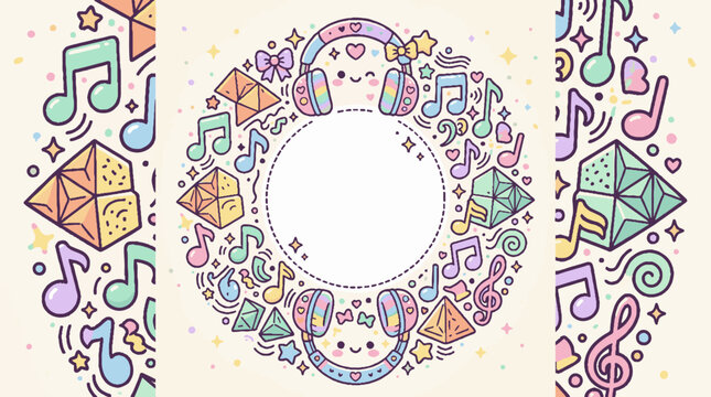 Cute kawaii music doodle frame with headphones and musical notes in pastel colors.