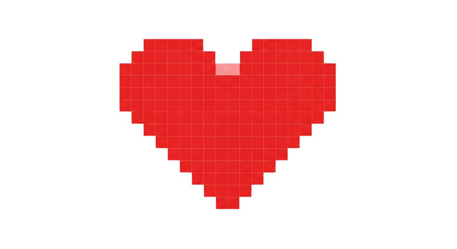 Pixelated red heart shape with squared edges displayed on transparent background pixel digital graphic design illustration
