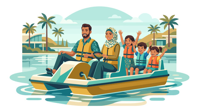 Happy family on a pedal boat ride during a tropical vacation