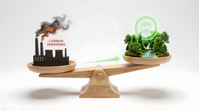 A conceptual 3D render illustrating carbon neutrality on a wooden seesaw balance scale. On one side, a dark smoking factory represents carbon emissions, while the other side is weighted with a lush gr