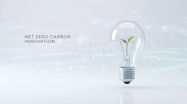Net zero carbon innovation concept with green sprout inside light bulb