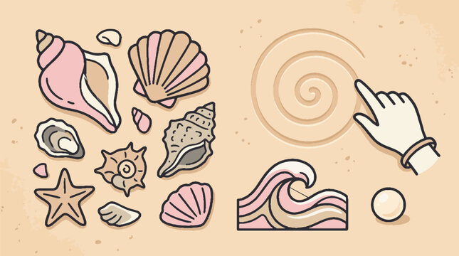 Vector illustration of various seashells starfish wave and hand drawing spiral in the sand.