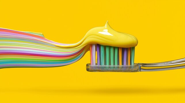 Close-up of a toothbrush with a glossy rainbow toothpaste swirl, clean