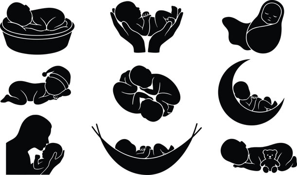 Black and white baby sleeping positions illustration